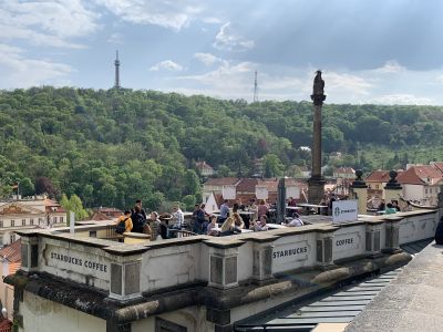 Prague's Starbucks Coffee overlooking Veltava River.