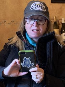 Catherine in her new Budapest baseball hat...